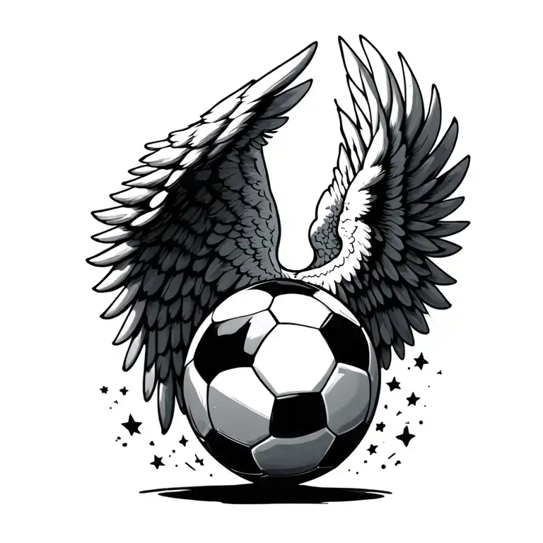 soccer ball, fallen angel wings spread wide tattoo design idea
