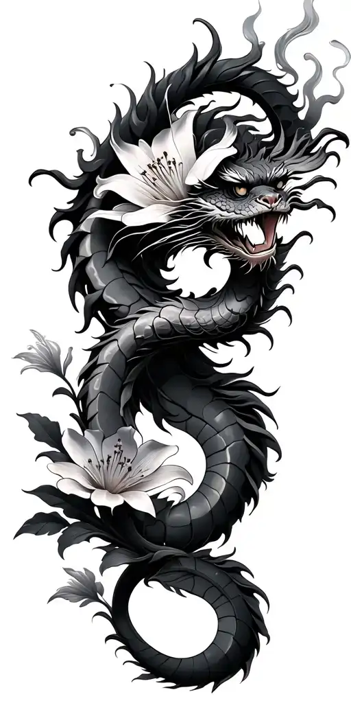 dragon, tiger Lilly, cherry blossom, scroll, wisps of smoke tattoo design idea