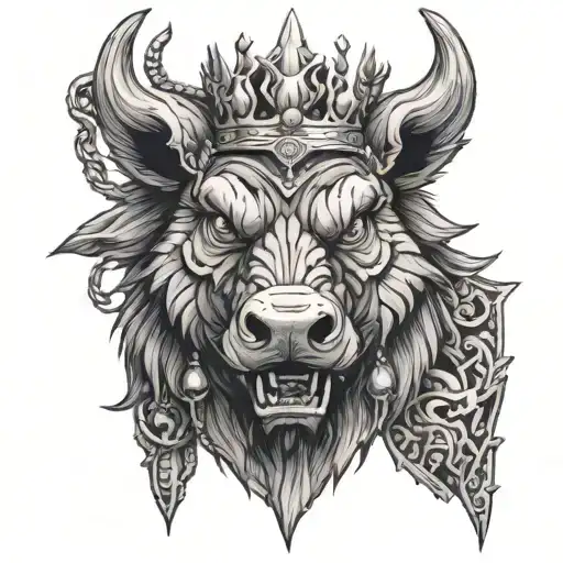 angry boar head on chained armor wearing a crown with blue eyes tattoo design idea