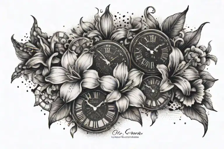gladiolus flower, daisy flower, violet flower, with three clocks, and three names, and three birthdates tattoo design idea