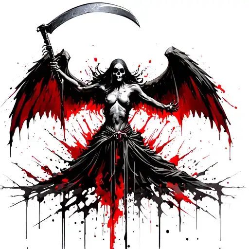 Death angel holding scythe spread arms wide open tattoo design idea