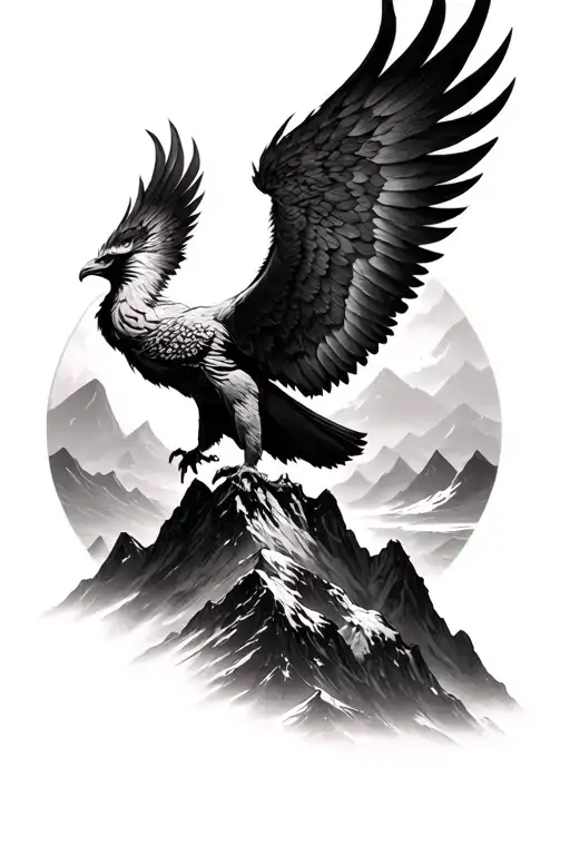 masculine phoenix over a mountain on my felt with wings opened going to my peck and lat tattoo design idea