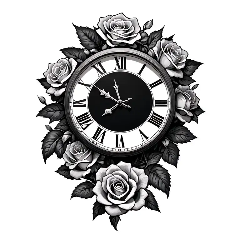 Roman numeral clock with roses surrounding it on the left, right and below side tattoo design idea