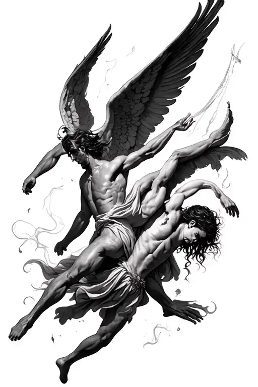 Your task is to create a detailed prompt for designing a tattoo featuring an angel and Lucifer battling while falling.  tattoo design idea