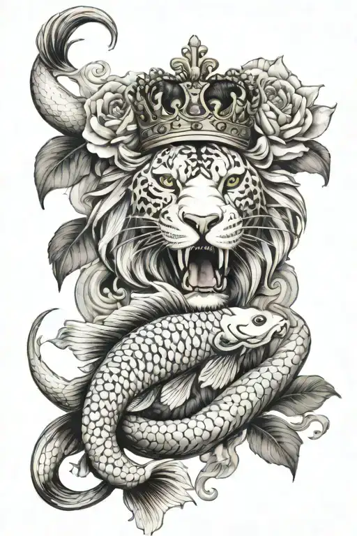 koi with lion wearing a crown tattoo design idea