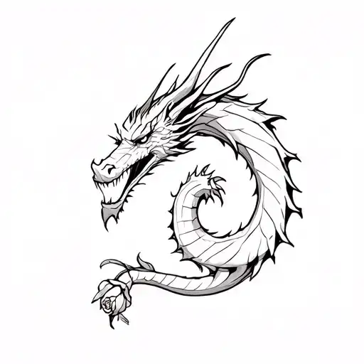 Sketch of a minimalistic dragon tattoo with a rosebud at the end of the tail for a biker tattoo design idea