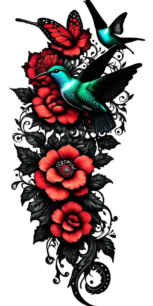 A dotwork tattoo of intricate floral patterns and vines with hummingbirds and butterflies  tattoo design idea