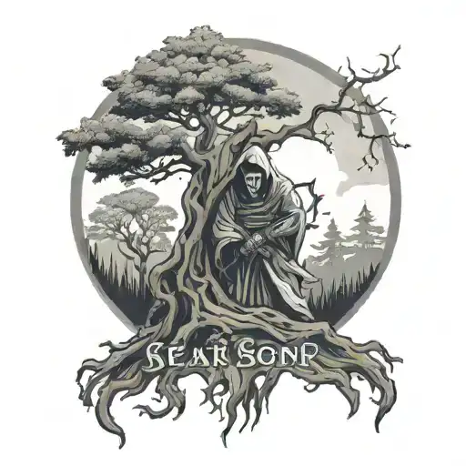 Tree with a figure of a reaper in the bark, text underneath says “Seasons Don’t Fear the Reaper" tattoo design idea