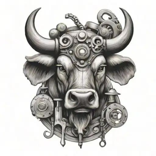 Simetrical Taurus bull with pipes and tools plumbing tools like wrenches tattoo design idea