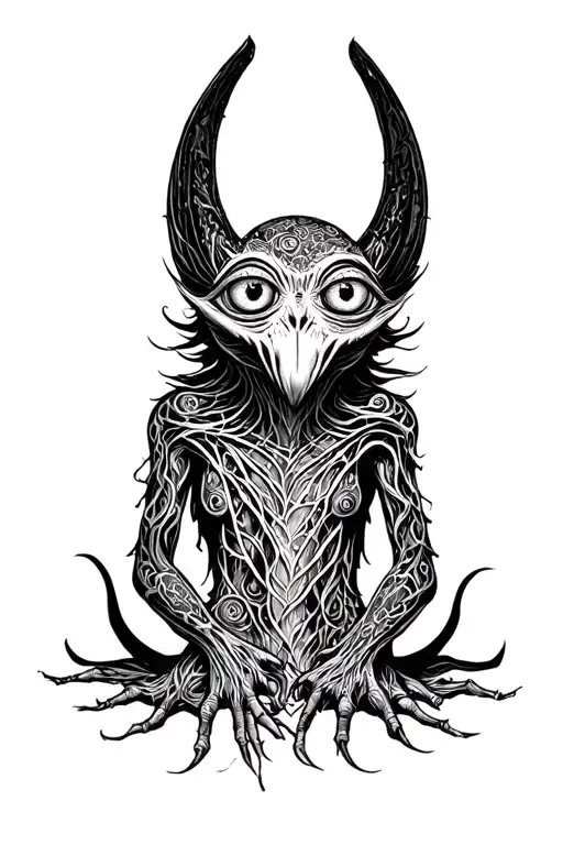 Many-eyed creature, dark anxious vibe tattoo design idea