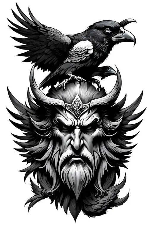 odin head with 2 ravens Huginn and Muninn tattoo design idea