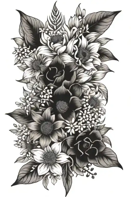 Bouquet with fresia, sunflowers, jasmin and forgetmenots tattoo design idea