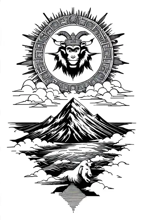 a sun with a mayan monkey king above clouds with a mystical goat above a mountain with ishtar above an ocean with a bear tattoo design idea