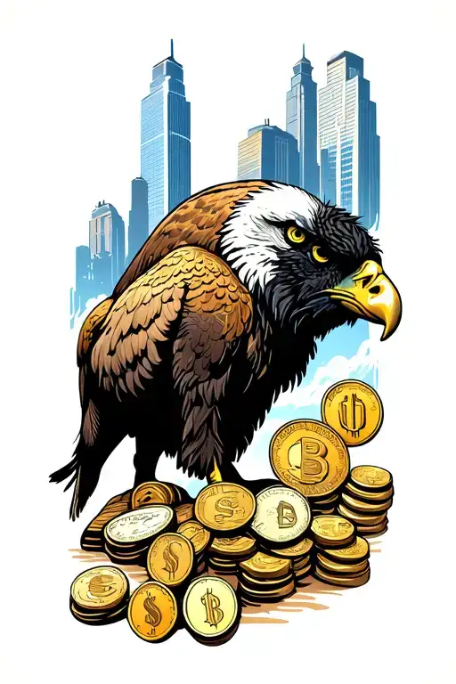skyscrapers, desert, buffalo, coins, bald eagle tattoo design idea