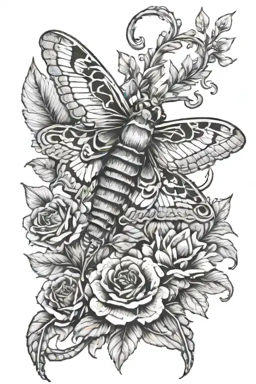 flowers, deaths head moth, snakes wrapped tattoo design idea