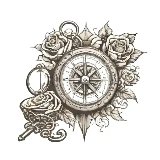 compass, locket n key, with Roses dark for cover tattoo design idea