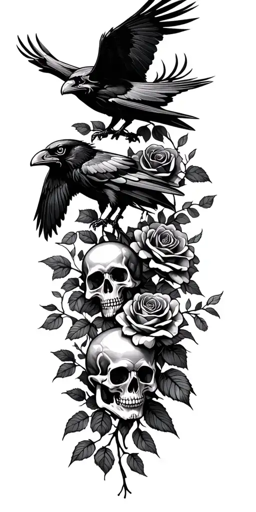 ravens flying, skulls, forest, roses with stems tattoo design idea