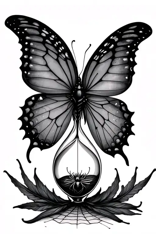 Butterfly tattoo with its body as a 3-chamber hourglass (top full, middle half, bottom nearly empty). Subtle spider web  tattoo design idea