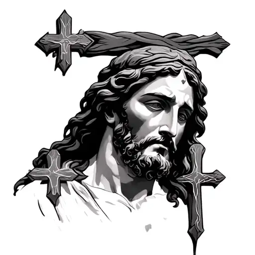 could with 3 crosses and Jesus face  tattoo design idea