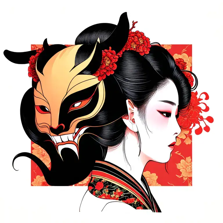A modern geisha, in 3/4 profile with an ONI mask that she is removed from her face. You need serpen tattoo design idea