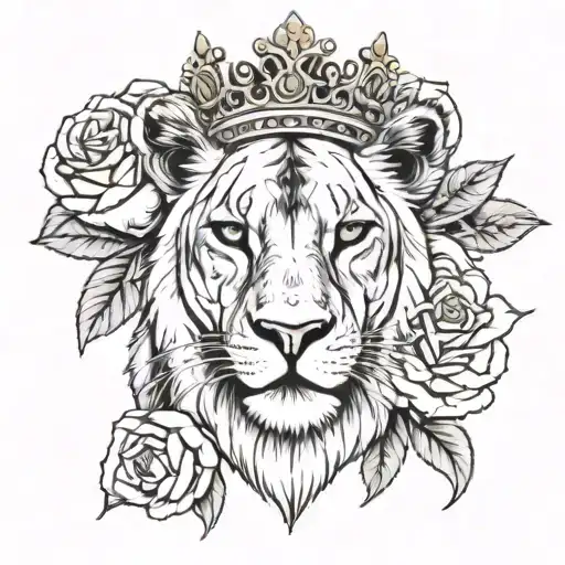 lioness wearing a crown with roses tattoo design idea