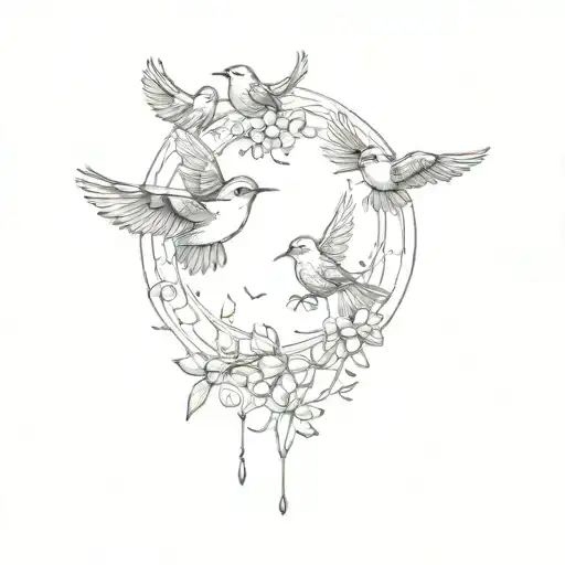I want a tiny birds tattoo flying, i want it too look imperfect, hand drawn and vintage/ cottage core inspired.  tattoo design idea