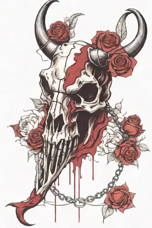 a bull skull tattoo, a thin chain hanging from one of its horns, and several roses in aggressive burgundy tones tattoo design idea