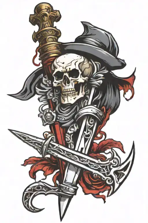 Double-sided dagger in skeleton style. One side smooth and sharp, beautiful, the other side cracked and broken and covered in blood. tattoo design idea