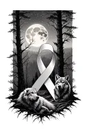 cancer ribbon symbolizing transformation  into moonlight over the woods with a moon and wolves tattoo design idea