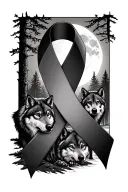cancer ribbon symbolizing transformation  into moonlight over the woods with a moon and wolves tattoo design idea