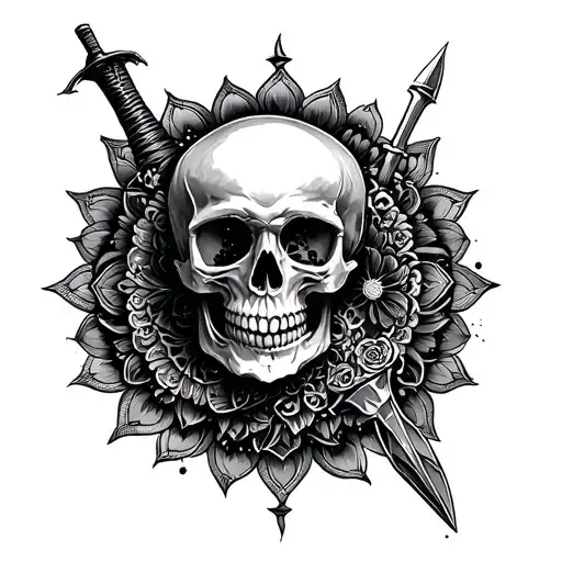 skull inside on mandala and dagger through space tattoo design idea