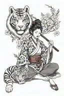 samurai woman with kitsune mask in hand with a blue-eyed white tiger lying beside her and cherry blossoms tattoo design idea