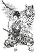 samurai woman with kitsune mask in hand with a blue-eyed white tiger lying beside her and cherry blossoms tattoo design idea
