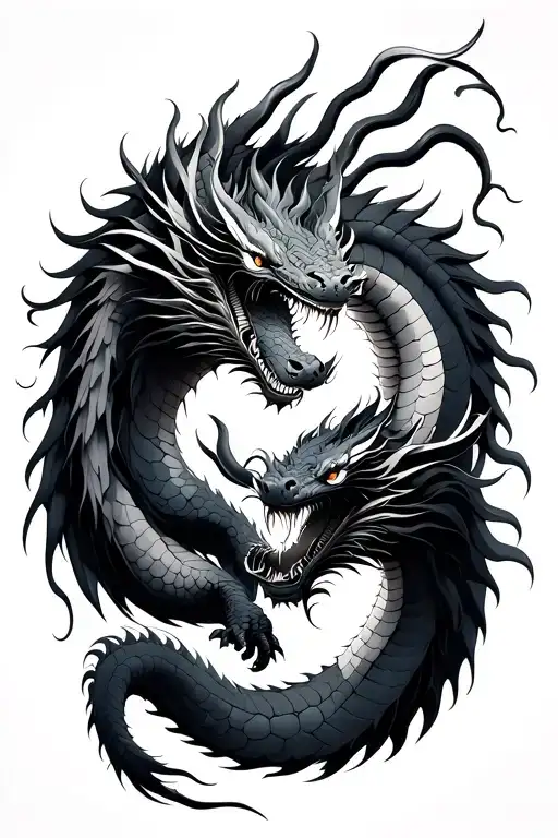 two long japanese dragons, crossing each other's arms tattoo design idea