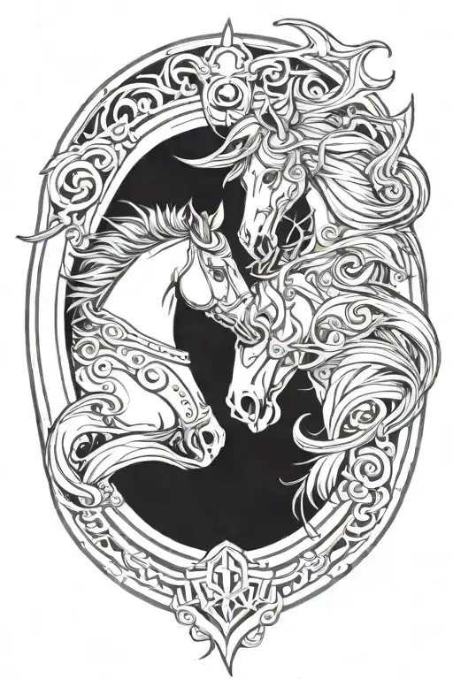two horse heads inside a horseshoe surrounded tattoo design idea