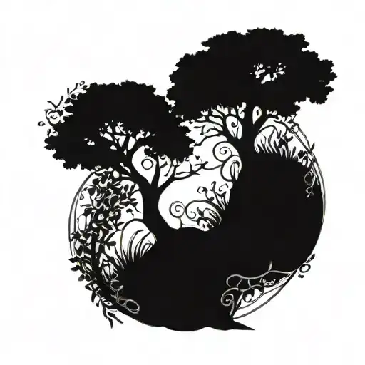 A willow tree intertwined with ivy vines, blooming with lilac flowers, symbolizing family and growth tattoo design idea