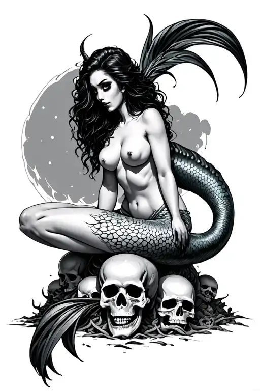 evil mermaid topless sitting on a pile of skulls tattoo design idea