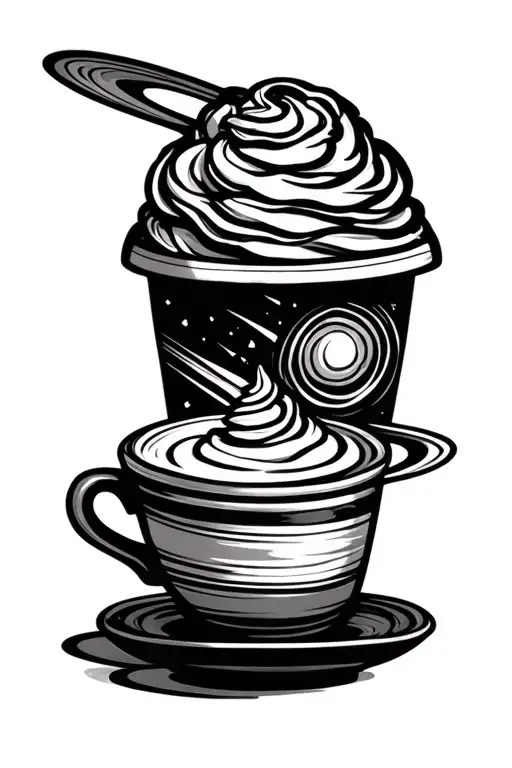 tea cup with saturn and a to-go coffee cup with whipped cream in tribal style  tattoo design idea