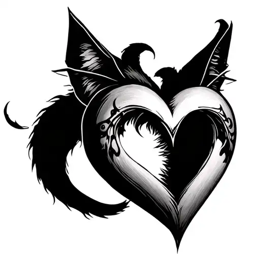 succubus womb tattoo heart design but make it cat themed instead of devil themed with a cat tail shaping a heart tattoo design idea