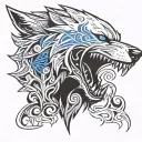 white wolf with blue eyes with scarface with sharp teeth  tattoo design idea