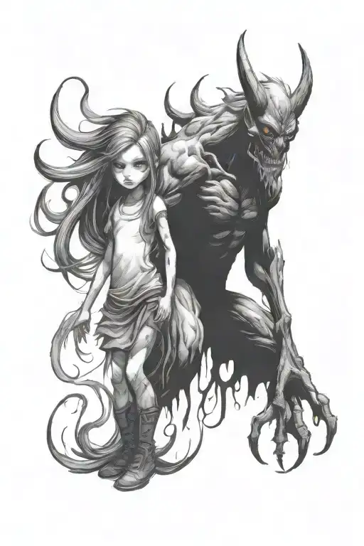 father daughter shadow demon standing tattoo design idea