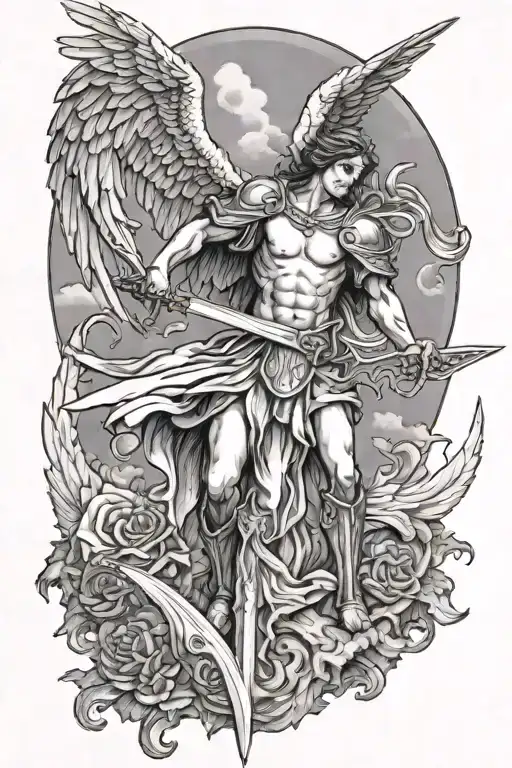 an angel holding a sword in a war scene and heaven beside it tattoo design idea