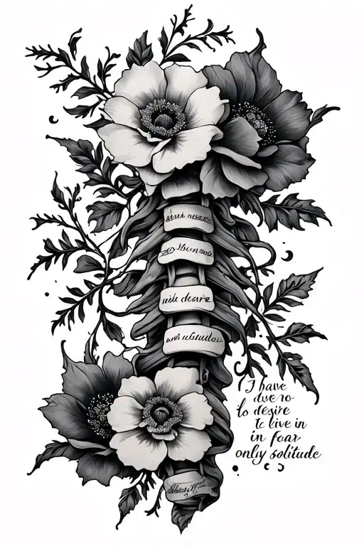 spine tattoo with flowers and says "I have no desire to live in fear only solitude" tattoo design idea