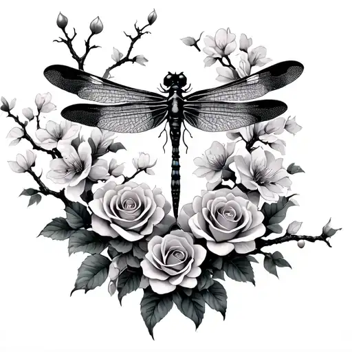 gothic side of dragonfly merged with roses and cherry blossom tree tattoo design idea