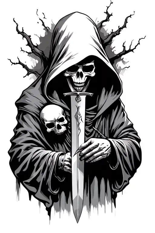 Hooded Grim Reaper with most of skull hidden inspecting a dagger tattoo design idea