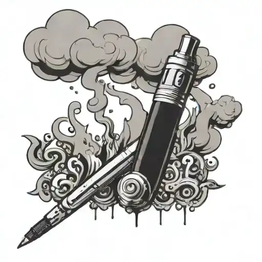 a vape pen with cloud of vapour of question marks. Some boiling tubes in front with bubbles and colours with elemental h tattoo design idea