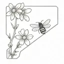 Daisy, bee, and honeycomb in the shape of a semicolon. Fine line black and grey tattoo design idea