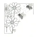 Daisy, bee, and honeycomb in the shape of a semicolon. Fine line black and grey tattoo design idea