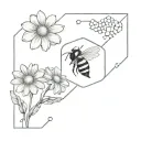 Daisy, bee, and honeycomb in the shape of a semicolon. Fine line black and grey tattoo design idea