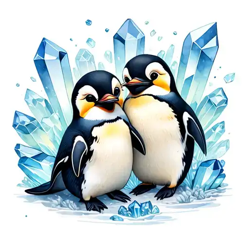 two penguins . cuddling .  crystals / rocks added . watercolour background.  tattoo design idea